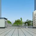 Modern Entrance Gate Design With Metal Railings Green Trees And Tiled Ground