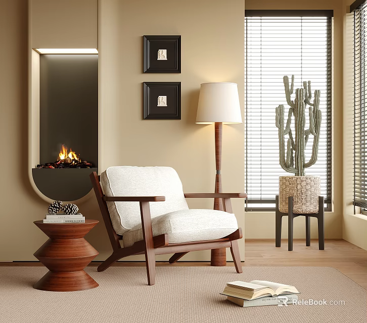 Beige Armrest Leisure Chair with Wooden Frame by Floor Lamp Black Framed Artworks and Fireplace 3d model 