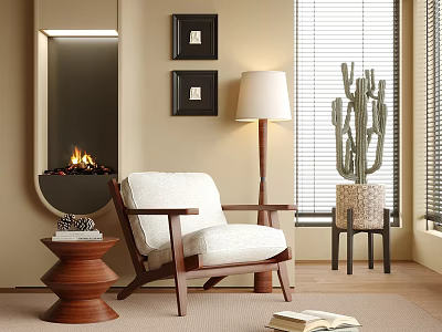 Beige Armrest Leisure Chair with Wooden Frame by Floor Lamp Black Framed Artworks and Fireplace 3d model