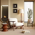 Beige Armrest Leisure Chair with Wooden Frame by Floor Lamp Black Framed Artworks and Fireplace