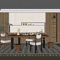 Modern Restaurant Interior With Wooden Dining Table Chairs Decorative Plants And Patterned Rug