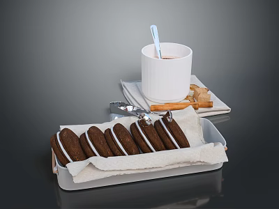 Chocolate Sandwich Cookies Served With Hot Chocolate In White Cup On Tray With Napkin 3d model