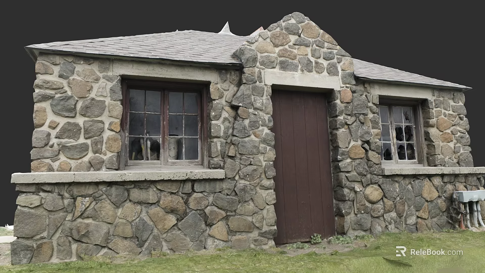 Stone Wall Building in Urban Architecture with Gray Roof Wooden Door and Windows 3d model 