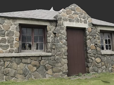 Stone Wall Building in Urban Architecture with Gray Roof Wooden Door and Windows 3d model