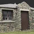 Stone Wall Building in Urban Architecture with Gray Roof Wooden Door and Windows
