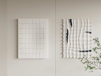 Modern Wall Decor With Geometric Panels Textured Art And Green Plant 3d model
