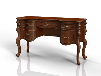 Classic Brown Wooden Vanity Table With Carved Details Curved Legs And Drawers 3d model