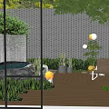 Large Windows View Of Outdoor Courtyard Garden With Tree Grass And Small Pond