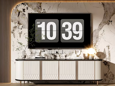 Modern TV Stand With Marble Wall Background Decorative Plants Table Lamp And Large Screen 3d model