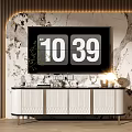 Modern TV Stand With Marble Wall Background Decorative Plants Table Lamp And Large Screen