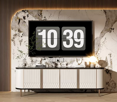 Modern TV Stand With Marble Wall Background Decorative Plants Table Lamp And Large Screen 3d model
