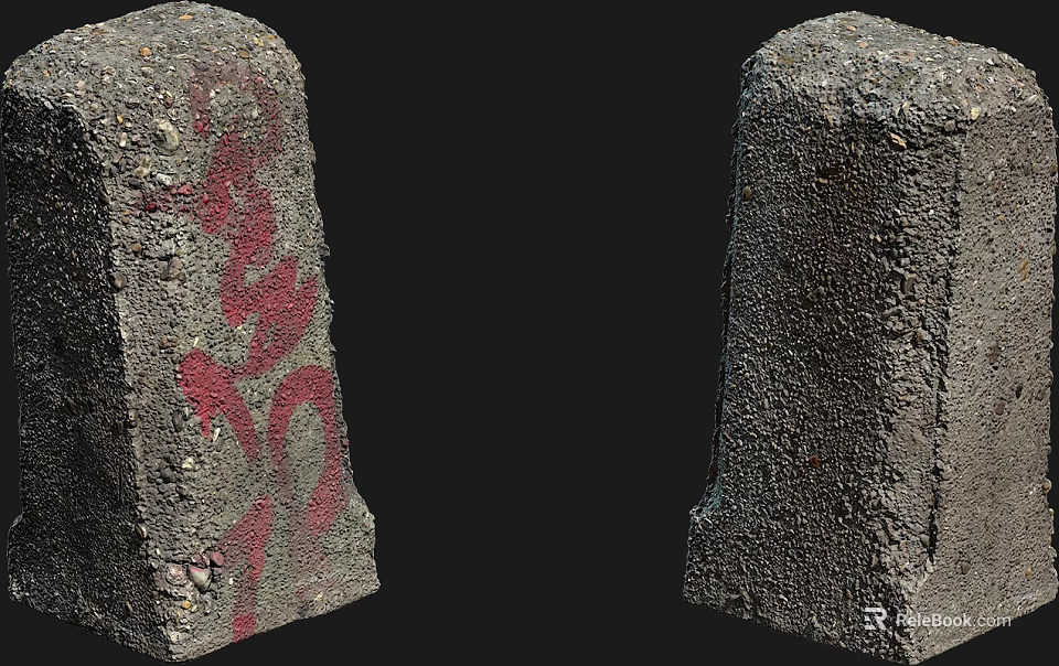 Two Stone Wood Decorative Pillars With Rough Surface And Red Patterns On Black Background 3d model 