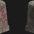 Two Stone Wood Decorative Pillars With Rough Surface And Red Patterns On Black Background 3d model