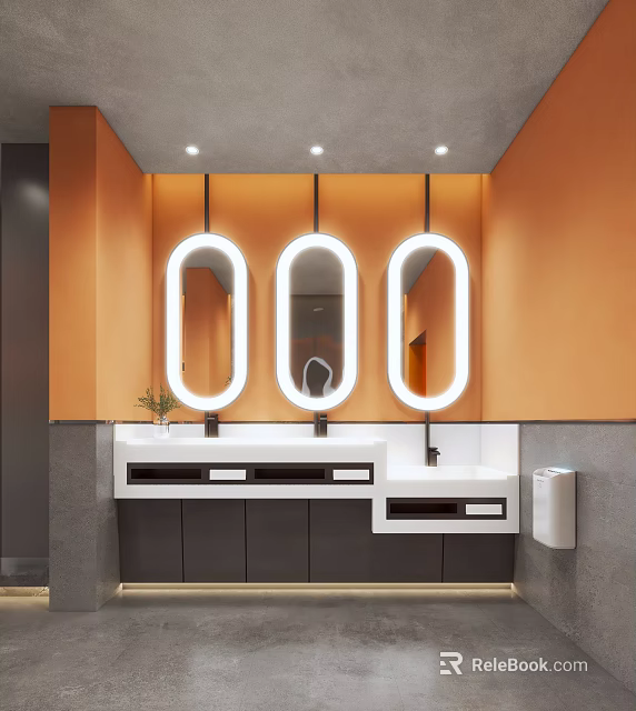 Public Restroom Design With Three Illuminated Mirrors And Orange Walls 3d model 