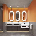 Public Restroom Design With Three Illuminated Mirrors And Orange Walls