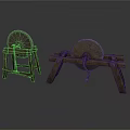 Two Old Fashioned Industrial Stone Grinders With Wooden Support Frames
