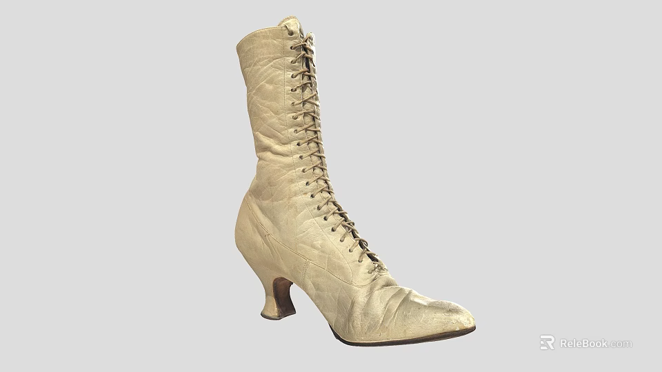 Golden Leather Lace Up Tall Boots With Pointed Toe And High Heel 3d model 