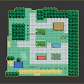 3D Garden Layout Design With Green Trees Buildings Water Feature And Pathways