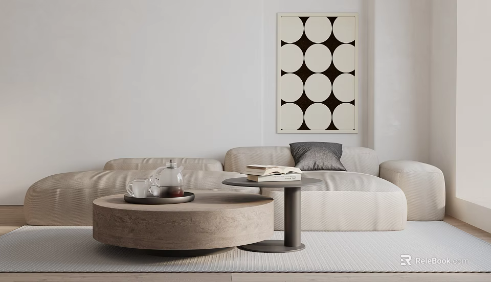 Modern Minimalist Sofa And Coffee Table Set With Neutral Upholstery Round Tables And Geometric Wall Art 3d model 