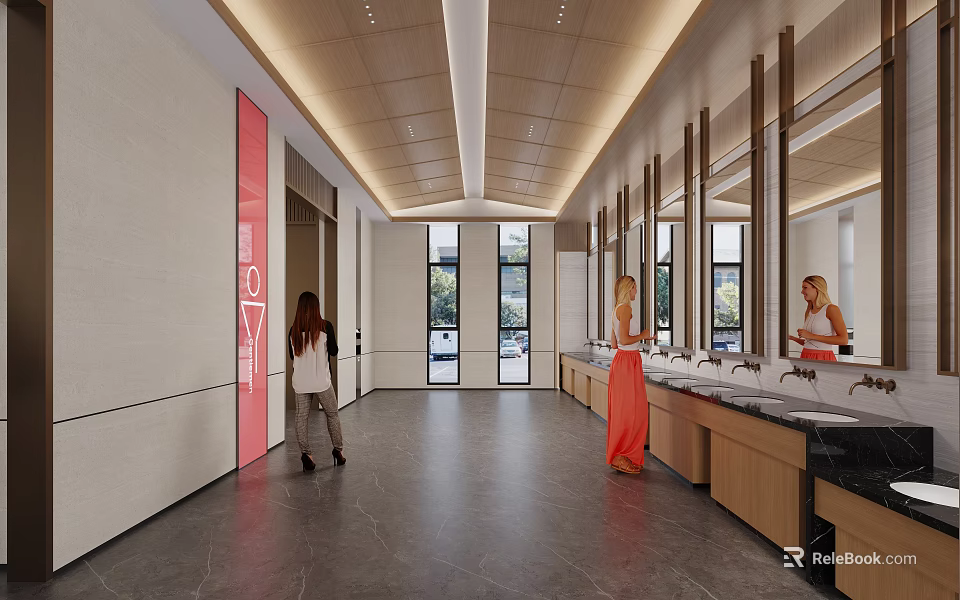 Modern Bright Spacious Public Toilet Interior With Long Sink Counters And Large Wall Mirrors 3d model 