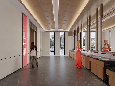 Modern Bright Spacious Public Toilet Interior With Long Sink Counters And Large Wall Mirrors 3d model