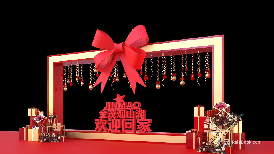 JINMAO Welcome Home Decorative Scene With Red Bow Golden Frame Chains And Gift Boxes 3d model 