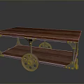 Vintage Wooden Cart With Two Tier Shelves And Metal Frame And Decorative Wheels For Storage