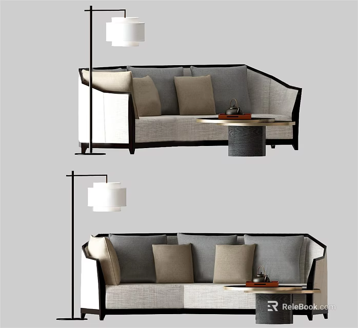 Modern Multi Seat Sofa With Gray Beige Upholstery Throw Pillows And Side Table 3d model