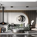 Modern Luxury Living Room Interior With Green Tufted Sofa Circular Mirror And Fireplace