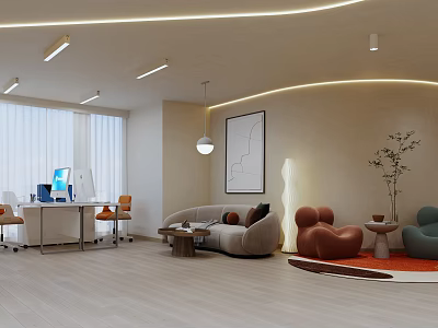 Modern Office Lounge Interior With Desk Sofa Armchairs Wall Art And Lighting 3d model