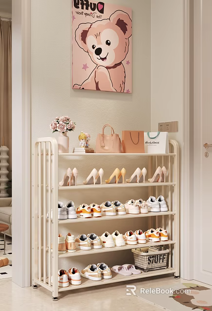 White Multi Tiered Shoe Rack Organizing High Heels Sneakers With Handbags And Flower Vase 3d model 