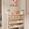 White Multi Tiered Shoe Rack Organizing High Heels Sneakers With Handbags And Flower Vase