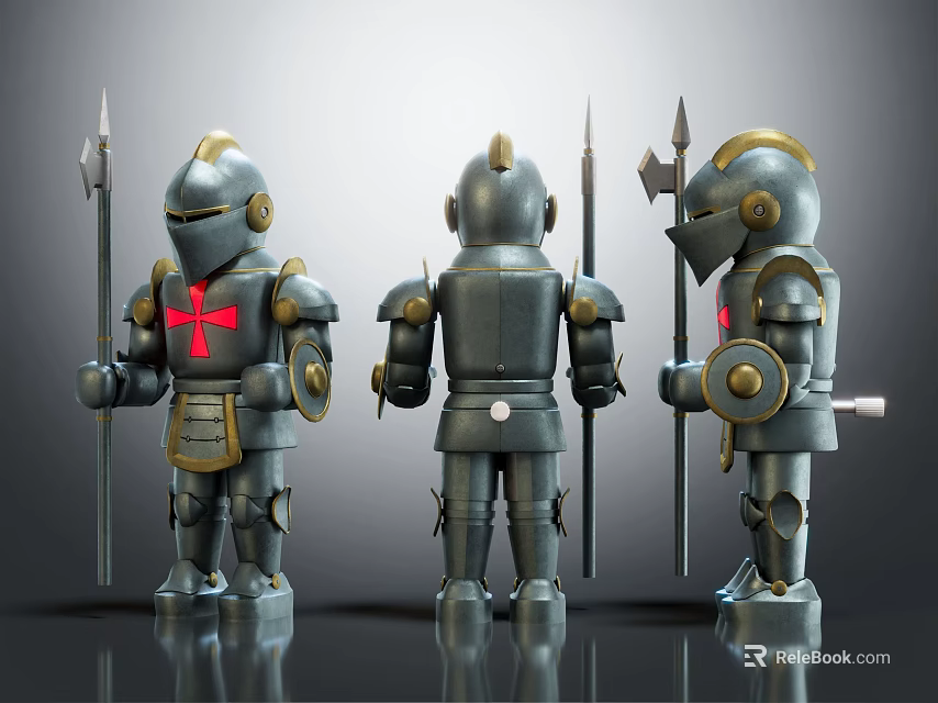 Knight Figurines In Armor With Spears Shields And Red Cross From Multiple Angles 3d model
