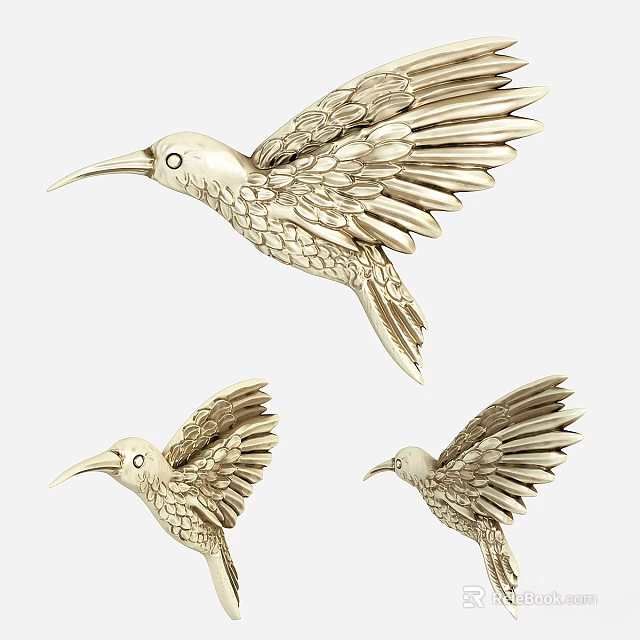 Golden Bird Ornaments With Detailed Feather Wings Long Beak And Decorative Home Accents 3d model 