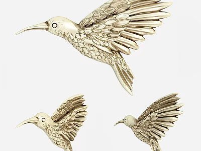 Golden Bird Ornaments With Detailed Feather Wings Long Beak And Decorative Home Accents 3d model