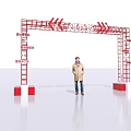 Event Entrance Arch With Red Frame Colorful Hanging Streamers Side Ladders And Person
