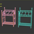 Orange And Blue Metal Shelving Units With Multiple Shelves And Decorative Top Finials