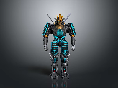 Samurai Themed Robot With Golden Helmet Blue Luminous Armor And Dual Swords 3d model