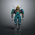 Samurai Themed Robot With Golden Helmet Blue Luminous Armor And Dual Swords