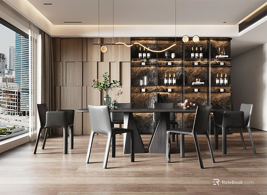 Modern Restaurant Interior With Dining Table Chairs Wine Rack And City View Through Large Windows 3d model