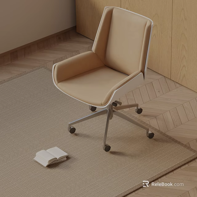 Beige Office Chair With Metal Frame Wheels On Carpet And Open Book Beside 3d model 