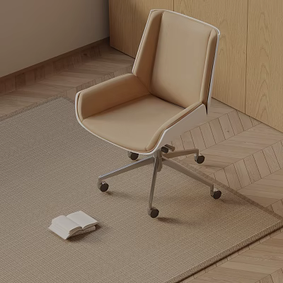 Beige Office Chair With Metal Frame Wheels On Carpet And Open Book Beside 3d model