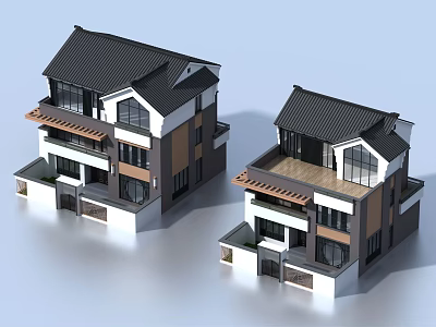 Modern Detached Villa Exterior Design With Black Roof Large Windows And Balcony 3d model