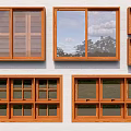 Multiple Wooden Casement Windows With Various Designs On White Wall 3d model