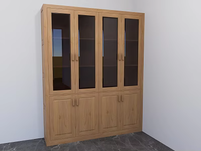 Modern Wooden Bookcase With Glass And Wooden Doors In Simple Interior 3d model