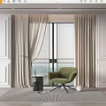 Beige Textured Curtains in Modern Room with Floor to Ceiling Windows and Green Armchair