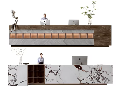 Modern Front Desk Reception Area With Marble Counter Staff Computers And Decorative Plants 3d model