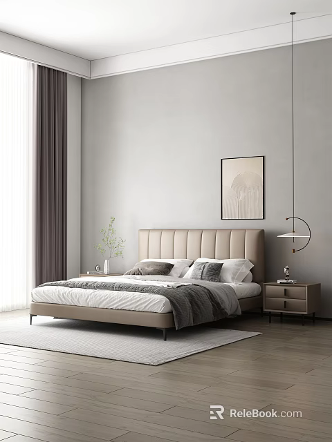 Modern Upholstered Double Bed With Headboard Pillows Nightstand Lamp And Wall Art 3d model 