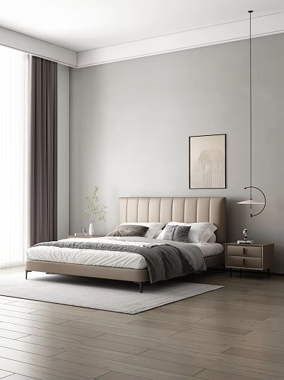Modern Upholstered Double Bed With Headboard Pillows Nightstand Lamp And Wall Art 3d model