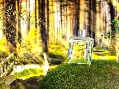 Perfume Bottle Presented In Natural Forest With Grass And Trees 3d model
